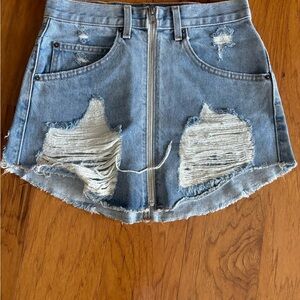 Carmar Light Blue Distressed Denim Mini Skirt with Front Zip